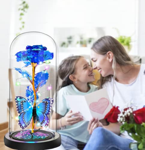 Mothers Day Rose Flower Gifts for Mom, Birthday Gifts for Women, Galaxy Crystal Light Up Rose Flowers in A Glass Dome, Mother Day Presents Wife Grandma Sister Her Mom from Daughter Butterfly Blue - color: A-blue