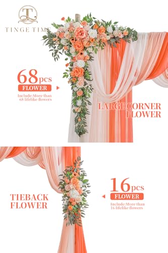 TINGE TIME Wedding Arch Flowers Kit - Deluxe 5pcs Artificial Floral Swag with 3 Sheer Drapes, Realistic Silk Flower Arrangements for Wedding Ceremony Arbor Backdrop Reception Party Home Decor - color: Coral Pink & Champagne