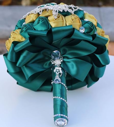 Handmade Luxury Wedding Bridal Bouquet Large Silk Rose Holding Toss Artificial Flowers Bouquets with Satin Ribbon Pearls Rhinestone for Bride Vintage Royal Wedding Bouquet (Dark Green+ Golden) - color: Dark Green+ Golden