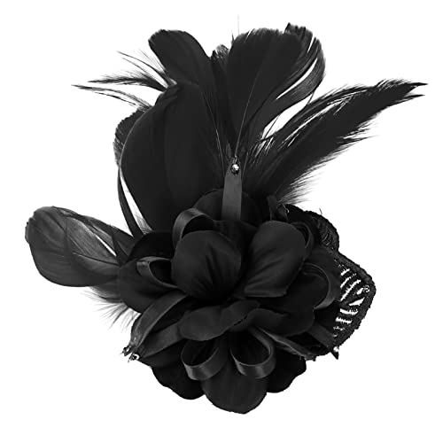 Song Qing Women's Fascinator Feather Flower Pin Brooch Corsage Bridal Hairband Derby Hat Cocktail Party Wedding - color: Black1