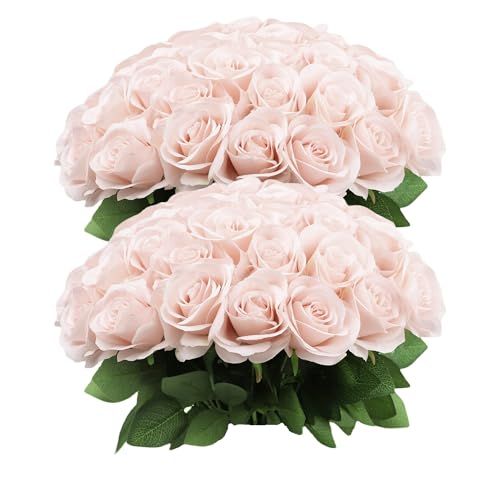 JUSMAI 50pcs Roses Artificial Flowers Pink Fake Roses Flowers with Long Stems Silk Flowers for Wedding Bouquet Centerpices Decorations Party Bridal Baby Shower Home Decor - color: Blush, size: 50PCS