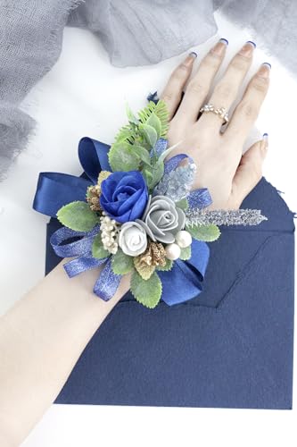 Royal Blue Corsage and Boutonniere Set Wrist Corsage Wristlet for Prom Groom Flower Boutonniere for Men Wedding Party Homecoming Accessories Suit - color: Royal Blue