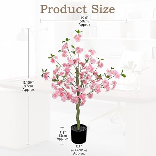 3 FT Artificial Cherry Blossom Tree in Black Pot, Pink Faux Sakura Tree with Planter for Indoor Decorations, Real Touch Fake Plants Potted for Home Bedroom Living Room Entryway & Office Decor - color: Pink