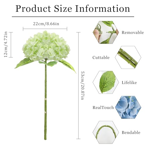 3Pcs 21 Inch Green Artificial Hydrangea Flowers Fake Hydrangea Flowers Latex Real Touch Faux Hydrangeas with Long Stem for Home Party Wedding Centerpieces Bouquets Decor