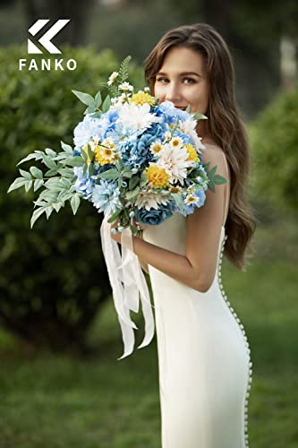 FANKO Artificial Flowers for DIY Bouquet, Blue Faux Rose, Blue White Yellow Fake Flower Rose Dahlia Daisy Hydrangea for Vase, Floral Arrangement, Centerpieces, Wedding Arches, Home Decor, Party Décor - color: Demure Blue