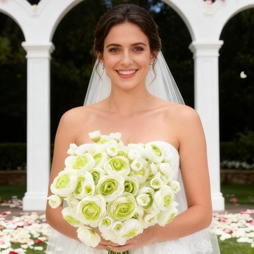 24 Stems Artificial Ranunculus Flowers - 96 Bloom Faux Silk Ranunculus Bouquet for Wedding Decorations, Home Décor, Holiday Arrangements & Large Event Centerpieces (Whitegreen) - color: Whitegreen