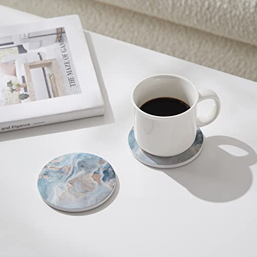 Set of 6 Abstract Blue Marble Coasters with Holder, Absorbent Ceramic Coasters for Drinks, Coasters with Cork Backing for Table Protection, Housewarming Gifts for New Home - color: Abstract Blue Marble