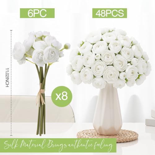 Giegxin 48 Pcs Ranunculus Artificial Flower,Real to Lifelike Peonies Artificial Flower Silk Faux DIY Bouquet for Wedding Bridal Shower Valentine Centerpieces Arrangements Home Decorations(White) - color: White