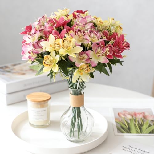 Coreland 12pcs Artificial Flowers Faux Cattleya Flower Bouquet for Vase Table Decorations Silk Flowers for Home Decor DIY Party Wedding Centerpieces Indoor Outdoor Arrangements (Vase not Included) - color: B Mix - 12 Pcs