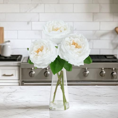 Zythrem Fake Flowers in Vase White Peonies with Vase Faux Peonies Flowers Look Real Faux Water Silk Flower Arrangements for Table Centerpiece Bathroom Office Kitchen Gift Decor - color: White