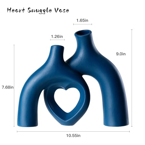 Liotww Snuggle Hollow Decorative Ceramic Vase, 8.3 Inch Hug Donut Modern Nordic Boho Style Vases for Aesthetic Home Decor, Anthropologie Living Room Shelf Coffee Table Décor (Navy Blue) - color: Heart - Navy Blue