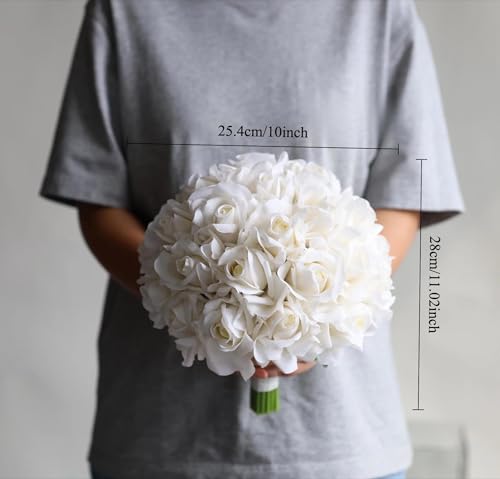 10 Inch Wedding Bouquets for Bride, Morandi Ivory Cream White Real Touch Rose Bridal Bouquet, Artificial Flower Bouquet for Wedding Ceremony, Prom, Bridal Shower - size: 10 Inch