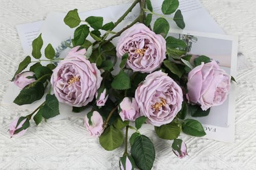 Real Touch Purple Austin Roses Peonies Artificial Flowers 4 Bouquets Latex Fake Peonies with Long Stem Realistic Faux Peonies for Wedding Party Home Table Centerpieces Decor (Light Purple) - color: Light Purple