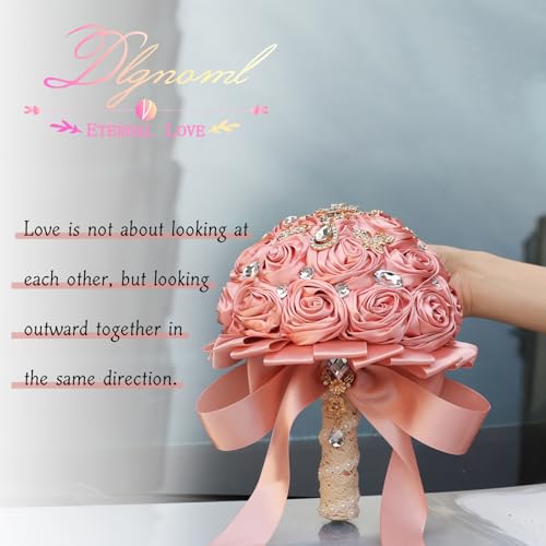 Artificial Everlasting Flower Hand Bouquet for Weddings and Photo Shoots, Crystal Peplum, Pink Rose Satin, Pearl Embellishments, Ribbon to Match, No Watering (Pink) - color: Expensivepink
