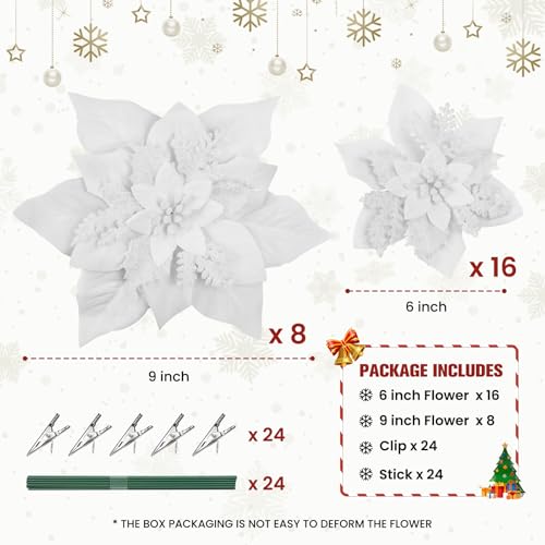Alupssuc 24PCS 6"& 9" White Artificial Poinsettia Christmas Flowers, Faux Glitter Ornaments for Xmas Tree Wreath Garlands New Year Home Decor, White
