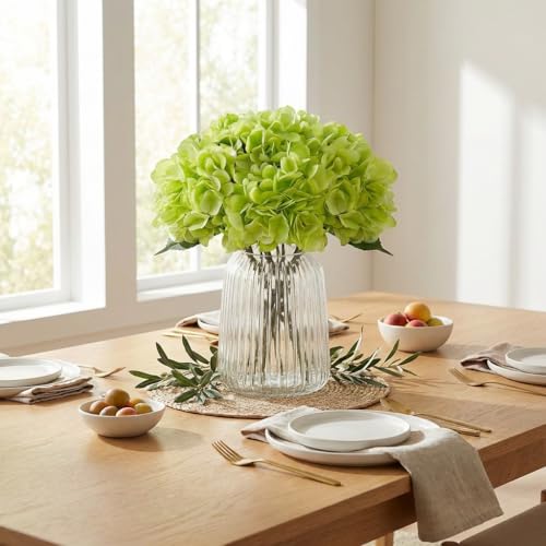 6Pcs Artificial Fake Flowers Plants Silk Hydrangea 1 Flower Head Arrangements Wedding Bouquets Decorations Plastic Floral Table Centerpieces Home Kitchen Garden (Green) - color: Green