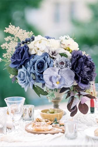 LELEE Fake Flowers Artificial Flowers Peonies Bulbous Chrysanthemum Daisy Hydrangea Sunflower Violets Dahlia Daffodils Epiphyllum Orchid Cherry Blossom Camellia Leyaron (Dusty Blue) - color: Navy Blue& Grey