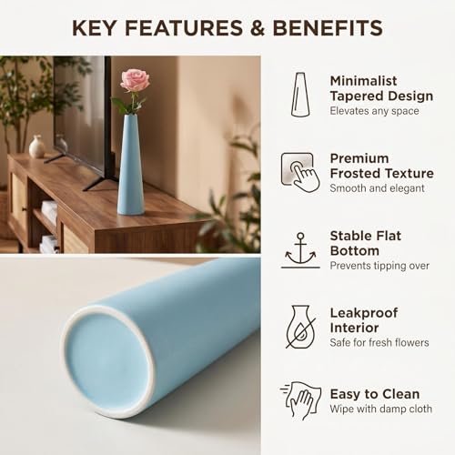 Small Ceramic Bud Vase, Tall Conic Single Stem Vase, Decorative Floral Centerpiece for Home Office Living Room Wedding Decor - color: Light Blue