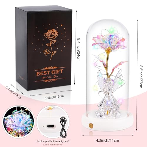 Gifts for Mom Birthday Gifts for Women Angel Rose USB Rechargeable Light Up Flowers in Glass Dome, Angel Figurine Anniversary Preserved Flowers Gifts for Mom Women Wife Grandma Her - color: New-angel