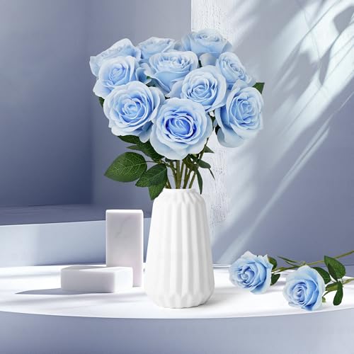 10pcs Sky Blue Silk Roses Artificial Rose Flowers Long Stem for DIY Wedding Bouquet Table Centerpiece Home Décor - color: Sky Blue