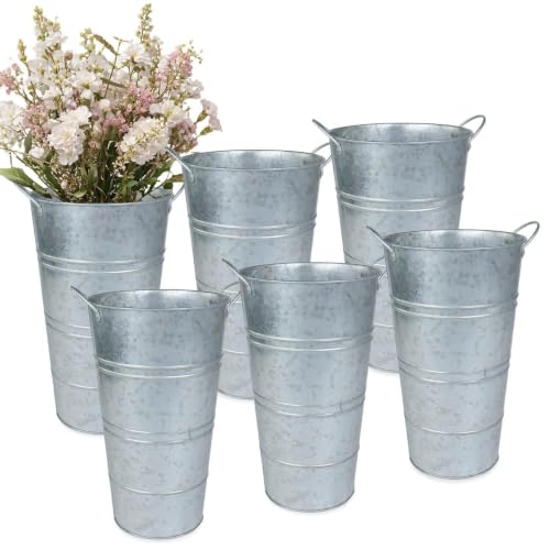 12 Inch Galvanized Metal Vases for Flowers - 6 Pcs Farmhouse Decorative Tall Flower Bucket with Handles, Rustic French Tin Planter Buckets for Wedding Decor (Silver) - color: Silver