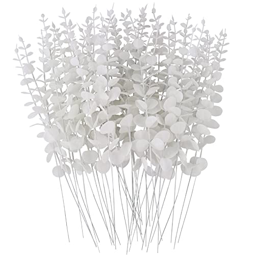 FEQO 36 Pcs White Eucalyptus Stems Artificial Leaves Faux Eucalyptus Stems Branches 15 inch for Wedding Bouquet Home Decor - color: White, size: 36 pcs