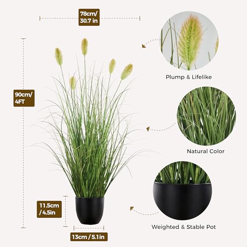 3FT / 4FT Extra Lush Artificial Plant (2pcs), Luxury Fake Tall Plants with Pot, Luxury Faux Tall Greenery with Dogtail for Garden Porch and Home Decor (Green, 3FT) - color: Green With Teasel, size: 3FT