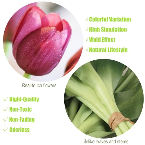 20pcs Artificial Tulip Flowers,16 Inch Real Touch Tulip Stems with Faux Leaves, Faux Tulips and Buds for Home Décor Centerpiece Ornament Wedding Bouquet,Deep Purple - color: Deep Purple