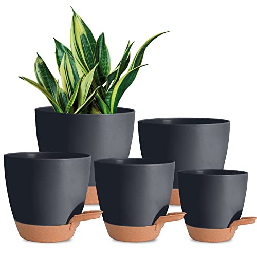 Vanslogreen Plant Pots Pack of 5, 7/6.5/6/5.5/5 Inch Self Watering Planters with Drainage Hole Planter for Indoor Plants, Planting Pots for African Violet, Ochid and House Plants (Black) - color: Black-5pack, size: 7/6.5/6/5.5/5 inch