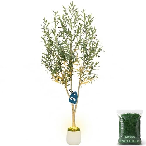 6ft (180 cm) Artificial Olive Tree with White Pot, Moss & USB LED – 943 Leaves, 52 Olives, Lifelike Fake Indoor Potted Plant for Home, Living Room, Office & Bedroom Decor - size: 6ft