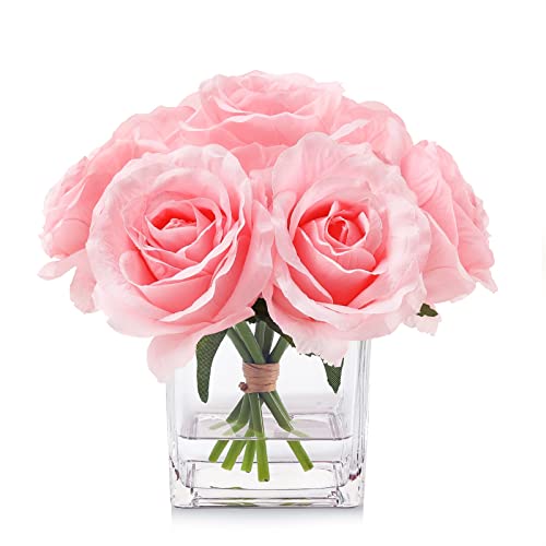 7 Large Stem Pink Rose Artificial Flowers in Vase, Fake Rose with Fake Flowers in Vase for Home Decor, Wedding Table (Pink) - color: Pink