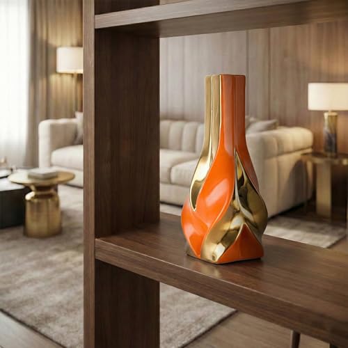 10.6" Orange and Gold Ceramic Vase, Modern Geometric Flower Vase for Dining Table Centerpiece, Elegant Decorative Vase for Pampas Grass, Living Room, Bedroom, Office, Tabletop Decoration - color: Orange Gold