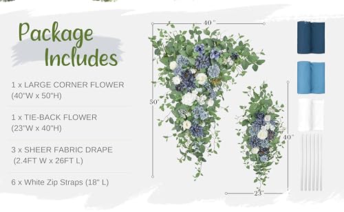 Wedding Arch Flowers with Drapes Kit (Pack of 5) - 2pcs Artificial Dusty Blue & Cream Deluxe Swag with 3pcs Hanging Drapes for Wedding Ceremony Arbor Reception Backdrop Rose Floral Decorations - color: Dusty Blue & Cream
