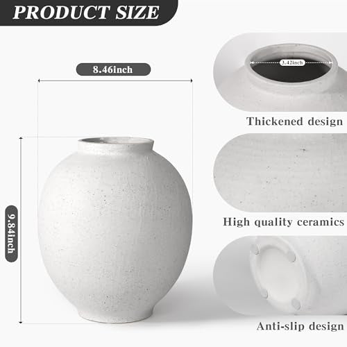 White Ceramic Large Vase - 9.84 Inch Round Modern Ceramic Vases,Tall Vase for Decor Living Room Table Decor and Festive Home Interiors - size: 9.83Inch