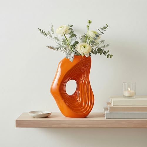Sunddo Orange Ceramic Vase for Pampas Grass, 11 Inch Donut Modern Vase for Flowers, Nordic Art Decorative Vases for Home Decor, Entryway Table, Fireplace, Mantel, Console Decor - color: Orange, size: 11 inch
