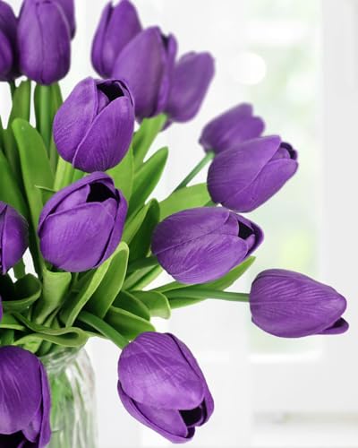 MACTING 30 PCS Artificial Tulip Flowers 13.7" Real Touch Fake Flowers Faux PU Tulips Bouquet for Floral Arrangements Table Centerpieces Kitchen Home Mothers Day Spring Easter Decorations,Purple - color: Purple