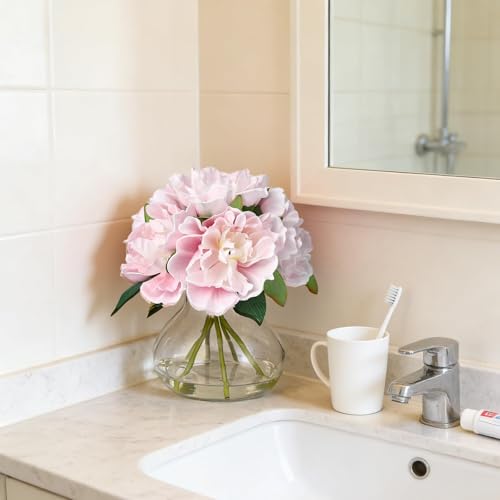 Pink Peony Bouquet in Glass Vase - 6 Piece Artificial Flower Arrangement with Faux Water for Wedding & Home Centerpieces - color: Peony Flowers, size: Pink