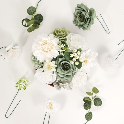 Artificial Flowers Combo Box Set Fake Flowers Dahlia White Roses Green Leaf with Stems for DIY Wedding Bouquets Baby Shower Party Home Decoration - color: Classic White