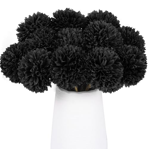 Rowfad 12 Pcs Black Artificial Chrysanthemums Flowers Silk Fake Mums Flowers for Halloween Ghothic Wedding Table Centerpiece Christmas Home Decor (12, Black) - color: Black