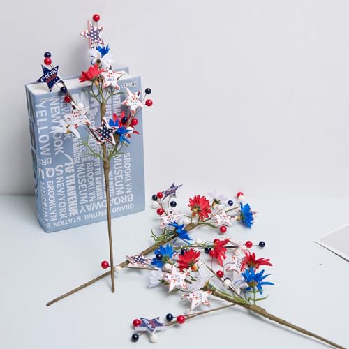 3 Pack Patriotic Artificial Berry Stem Picks: 4th of July Decorations Red White and Blue Stars Flowers Decoration for Independence Day, Home Vase Décor Table Centerpieces - color: Patriotic White Blue Red Stars