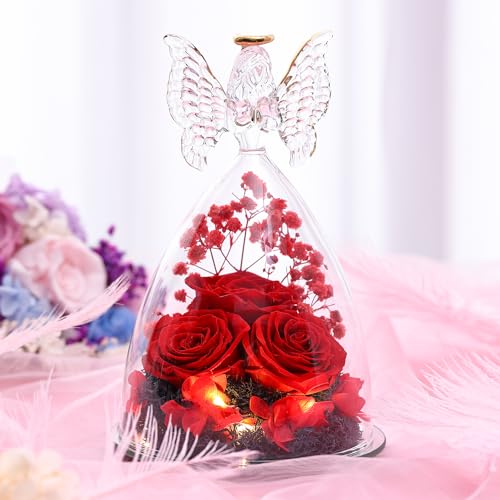 Mothers Day Rose Gifts for Women Preserved Real Flower in Glass Angel Figurines Roses for Delivery Prime Birthday Gifts for Mom Grandma Girlfriend Wife Her - Red - color: Red