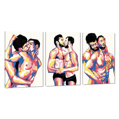 Large Size 3 Panels Sexy Men Gay Wall Art Canvas Paintings Colorful Nordic Sexy Home Wall Decoration Poster for Living Room Bedroom Wooden Inner Framed Ready to Hang-24x36 inch x 3pcs - color: Art08, size: 24x36x3pcs