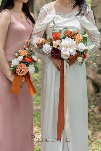 Set of 6 Burnt Orange Bridesmaid Bouquet,Terracotta Wedding Bouquet,Small Bouquet,for Wedding, Marriage Proposal Party and Vintage Wedding Ceremony Anniversary,Artificial Flowers - color: Burnt Orange
