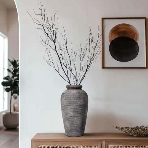 Large Rustic Terracotta Vase, 11 inch Tall Ceramic Flower Vase, Clay Farmhouse Decorative Vases for Flowers, Living Room, Shelf, Entryway, Home Decor, Grey - color: Rustic Grey