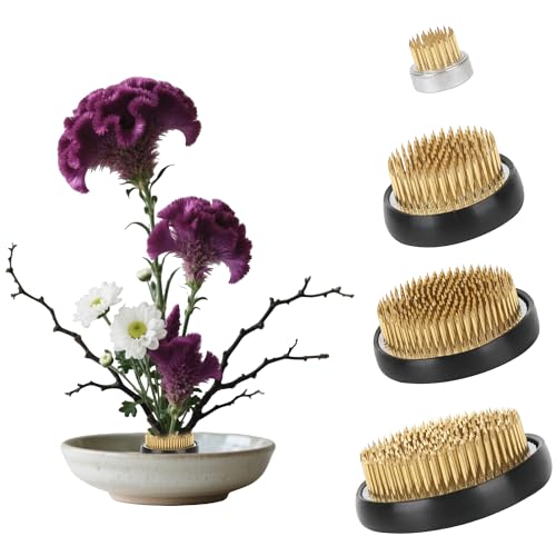 4 Pcs Flower Frog Pin Holder 3 Inch，2 Inch,1 Inch Set Ikebana Frog Floral Kenzan Arrangement Tool for Vases Centerpieces Round Holder (Gold)