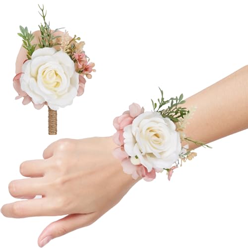 White Rose Corsage and Boutonniere Set for Wedding Prom Bride Groom Silk Rose Wristlet Band Bracelet Men Boutonniere Set Corsage Wristband Boutonniere for Wedding Suit Decoration (Pure White) - color: Pure White