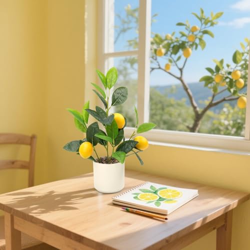 Woration Artificial Yellow Lemons Plants with White Pot 14.5inches Faux Fake Lemon Branch Potted Greenery Wedding Home Office Desk Decoration Table Centerpiece - color: Artificial Lemon Plant Potted