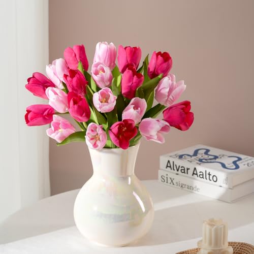 Artificial Tulips - 20 Stems Real Touch Realistic Fake Tulip Flowers Premium Silk Feel UV-Resistant Anti-Fade Waterproof Lifelike Tulips for Home Decor, Wedding Party DIY (Light Pink & Fuchsia) - color: Light Pink & Fuchsia
