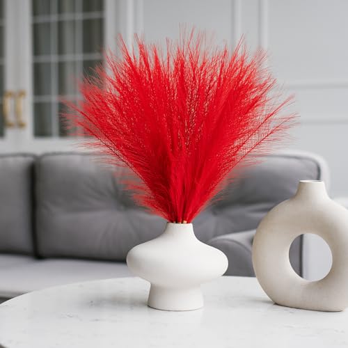 Pampas Grass Decor, Fluffy Faux Pampas Grass 5 Stem 18"/45cm Pompous Grass Small Flower Arrangement and Vase Filler for Boho Home Wedding - color: Red