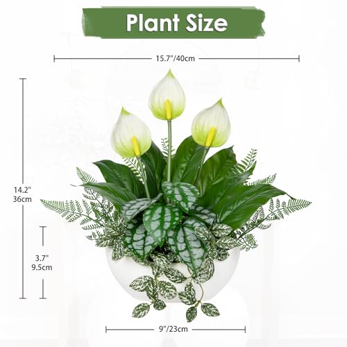 Fake Plants 14.2" Artificial Potted Plant Assorted Faux Plants in Pot Silk Plants Artificial Plants Indoor for Home Living Room Bedroom Bathroom Office Desk Table Centerpieces Shelf Greenery Decor - color: White Pot #3